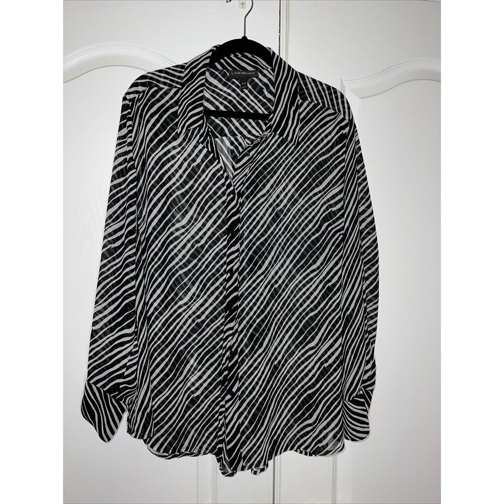 Lane Bryant Women Blouse Top 18/20 Black White Stripe Chiffon Long Sleeve Office